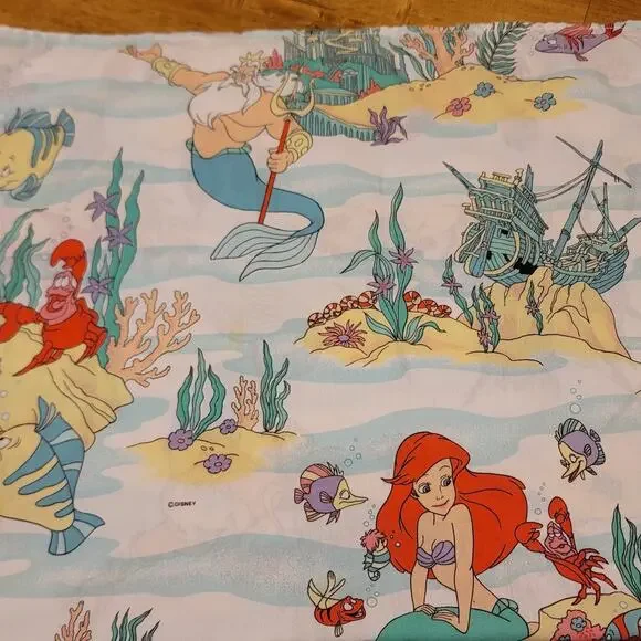Vtg 1980s 90s Disney The Little Mermaid Flat Bed Sheet & Pillowcase - Picture 4 of 5